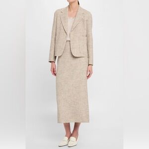 Vintage Saks Fifth Avenue Beige Grey Wool Herringbone Skirt Set Suit Size 14